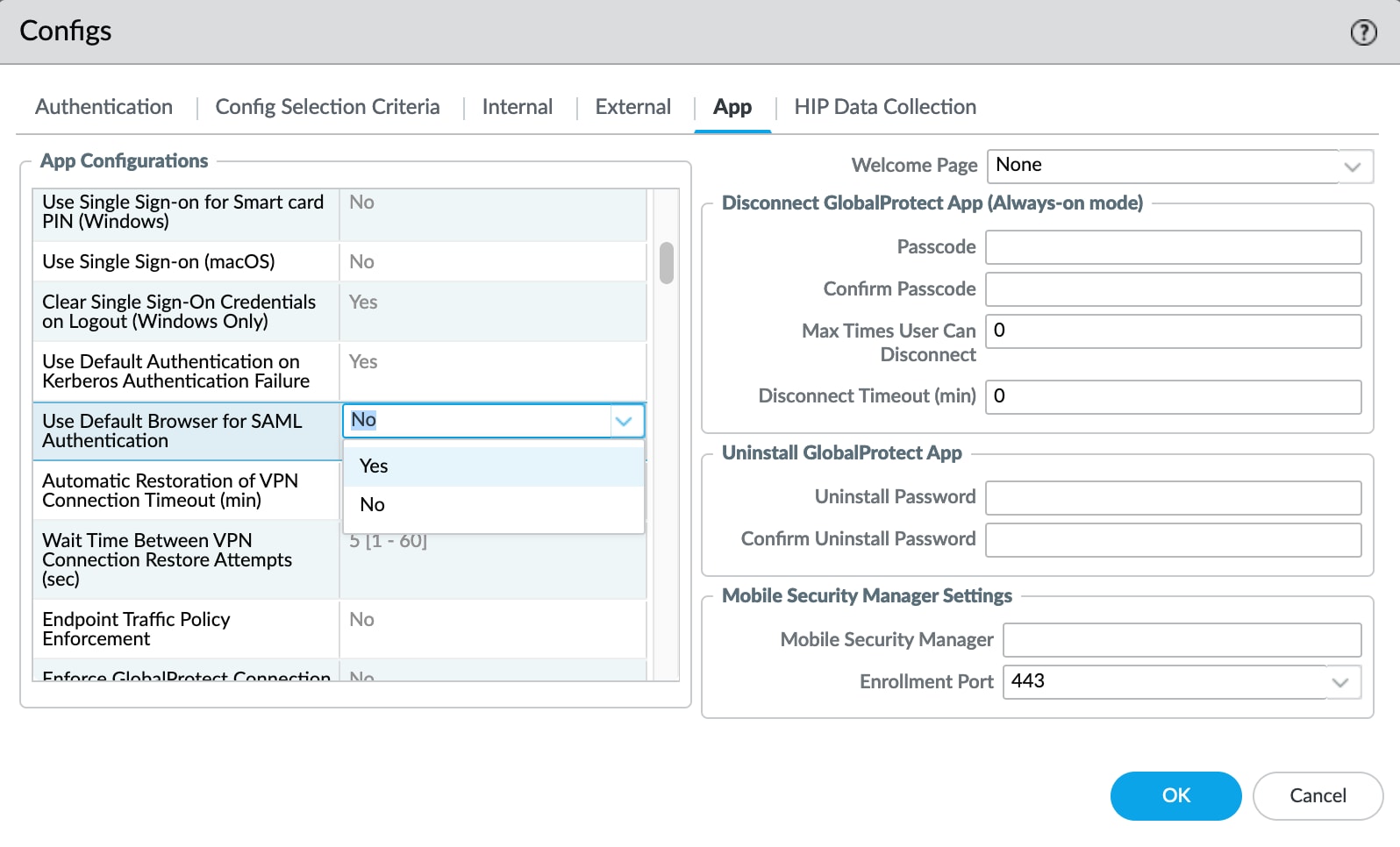 図2. App Configuration の設定内容。「Use Default Browser for SAML Authentication」で「Yes」または「No」を選択